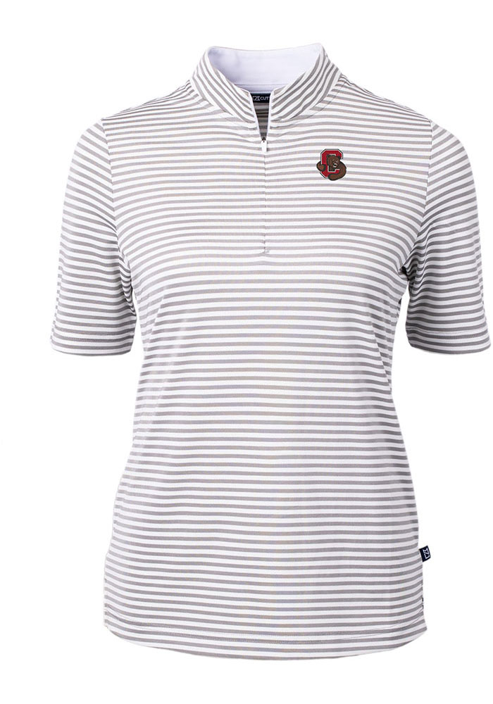 Cutter and Buck Cornell Big Red Womens Grey Virtue Eco Pique Stripe Short Sleeve Polo Shirt, Grey, 47% COT / 47% POLY / 6% SPAN, Size XS