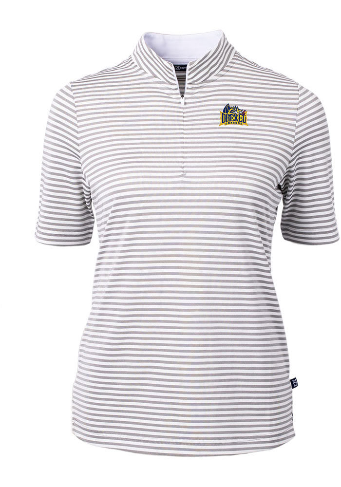 Cutter and Buck Drexel Dragons Womens Grey Virtue Eco Pique Stripe Short Sleeve Polo Shirt, Grey, 47% COT / 47% POLY / 6% SPAN, Size XS