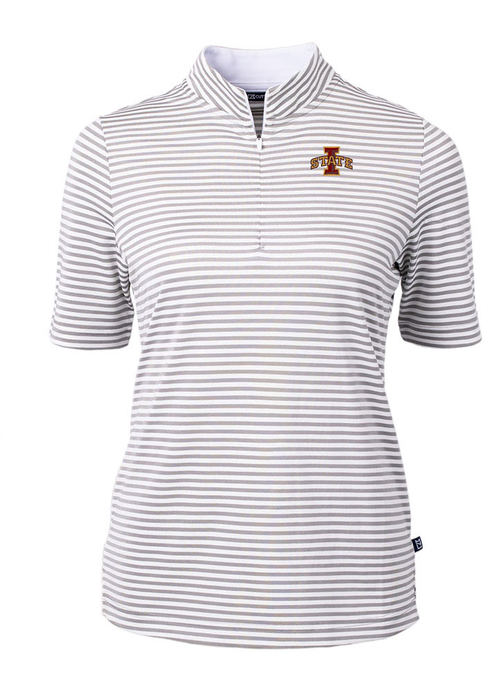 Cutter and Buck Iowa State Cyclones Womens Grey Virtue Eco Pique Stripe Short Sleeve Polo Shirt, Grey, 47% COT / 47% POLY / 6% SPAN, Size XS