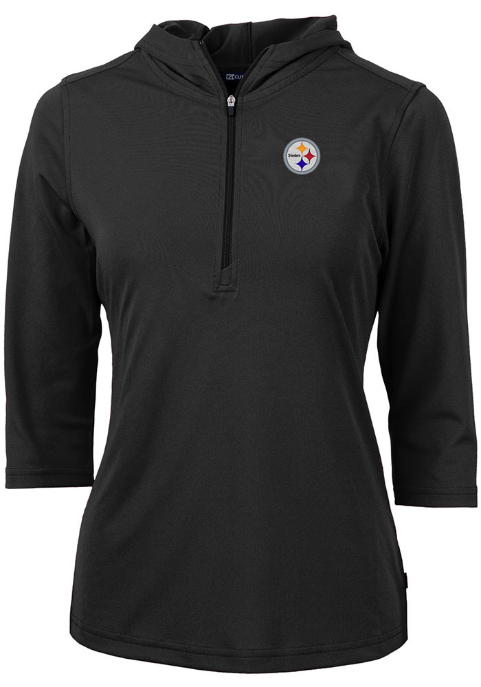 Cutter and Buck Pittsburgh Steelers Womens Black Virtue Eco Pique Hooded Sweatshirt, Black, 95% POLYESTER / 5% SPANDEX, Size XS