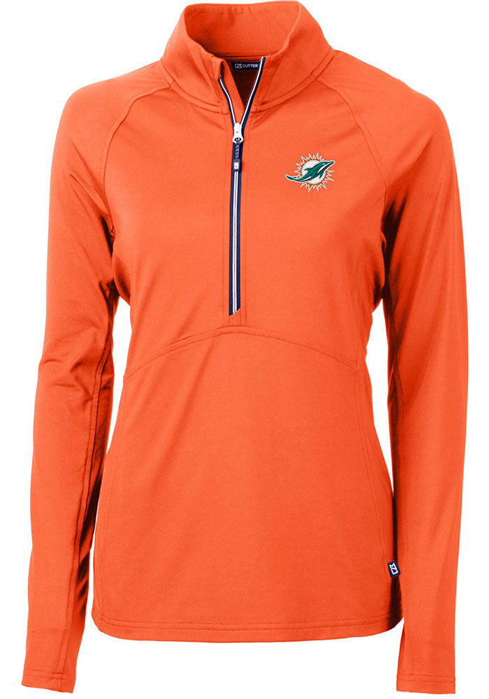 Cutter and Buck Miami Dolphins Womens Orange Adapt Eco 1/4 Zip Pullover, Orange, 88% POLYESTER / 12% SPANDEX, Size XS