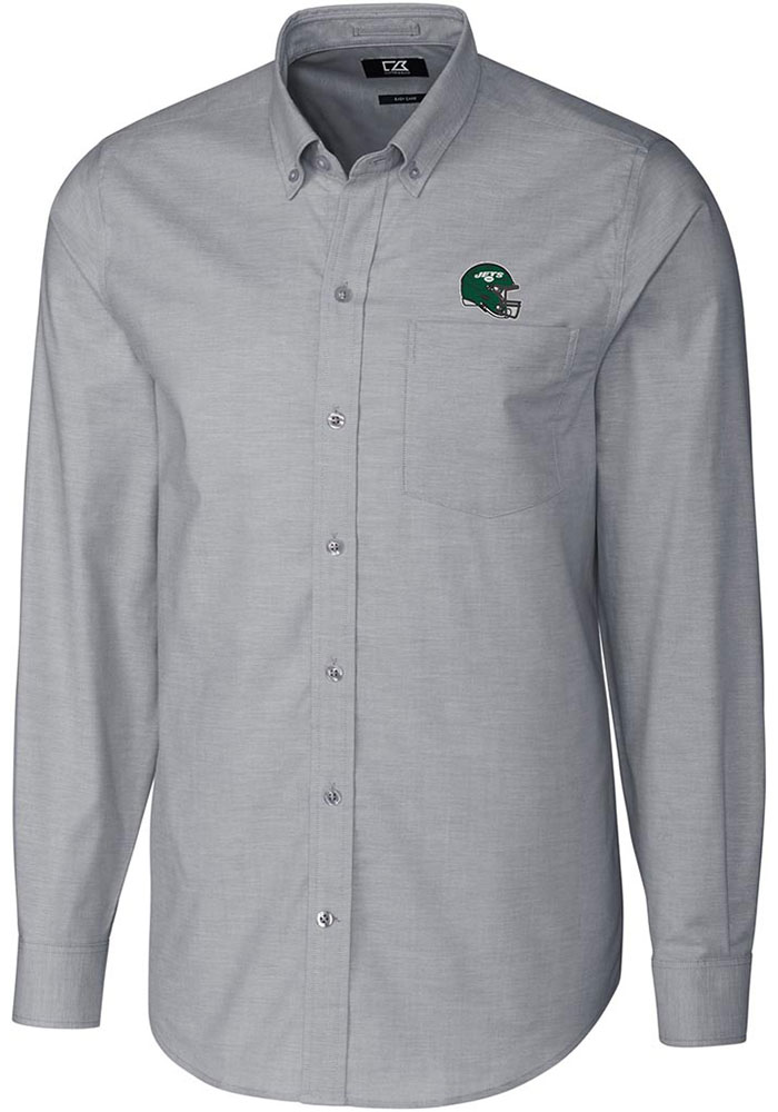 Cutter and Buck New York Jets Mens Charcoal Stretch Oxford Long Sleeve Dress Shirt, Charcoal, 64% COTTON/32% POLY/4% SPANDEX, Size XL