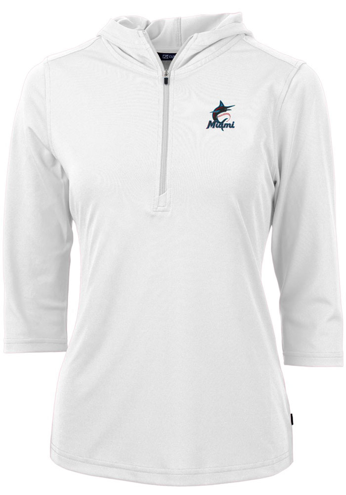 Cutter and Buck Miami Marlins Womens White Virtue Eco Pique Hooded Sweatshirt, White, 95% POLYESTER / 5% SPANDEX, Size XS