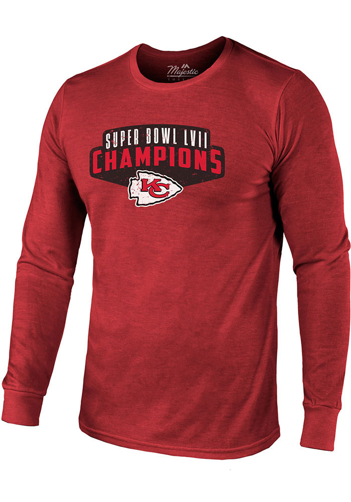 Kansas City Chiefs Red 2022 Super Bowl Champions Replay Local Phrase Long Sleeve Fashion T Shirt, Red, 50 POLY/38 COT/12 RAY, Size XL