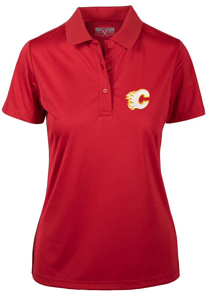 Levelwear Calgary Flames Womens Red Lotus Short Sleeve Polo Shirt, Red, 100% POLYESTER, Size M