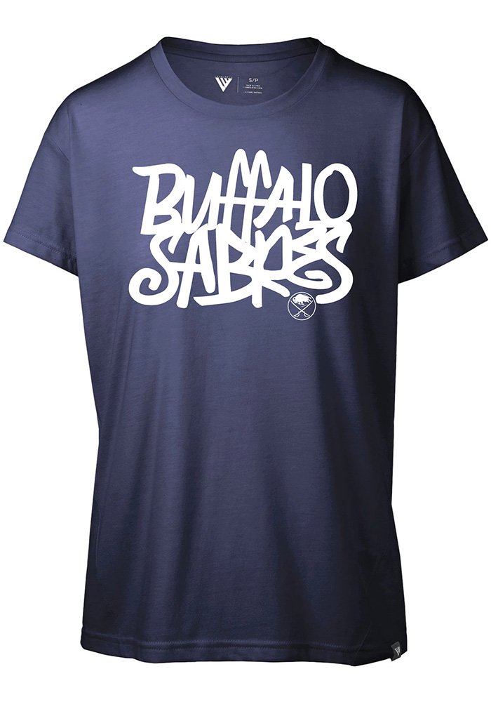 Levelwear Buffalo Sabres Womens Navy Blue Teagan Grafitti Short Sleeve T-Shirt, Navy Blue, 65% POLYESTER / 35% COTTON, Size L