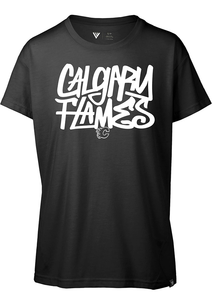 Levelwear Calgary Flames Womens Black Teagan Grafitti Short Sleeve T-Shirt, Black, 65% POLYESTER / 35% COTTON, Size M