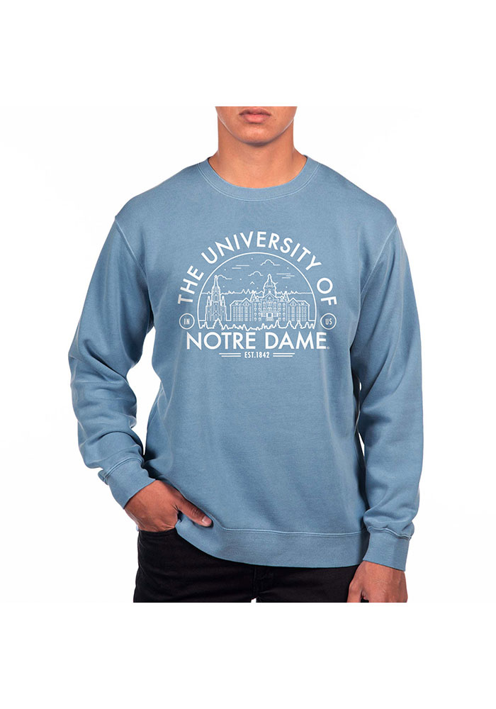 Uscape Notre Dame Fighting Irish Mens Blue Pigment Dyed Long Sleeve Crew Sweatshirt, Blue, 80% COTTON / 20% POLYESTER, Size XS