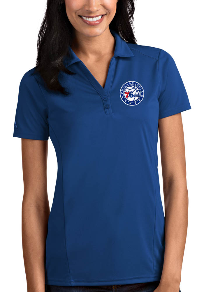 Antigua Philadelphia 76ers Womens Blue Tribute Short Sleeve Polo Shirt, Blue, 100% POLYESTER, Size L