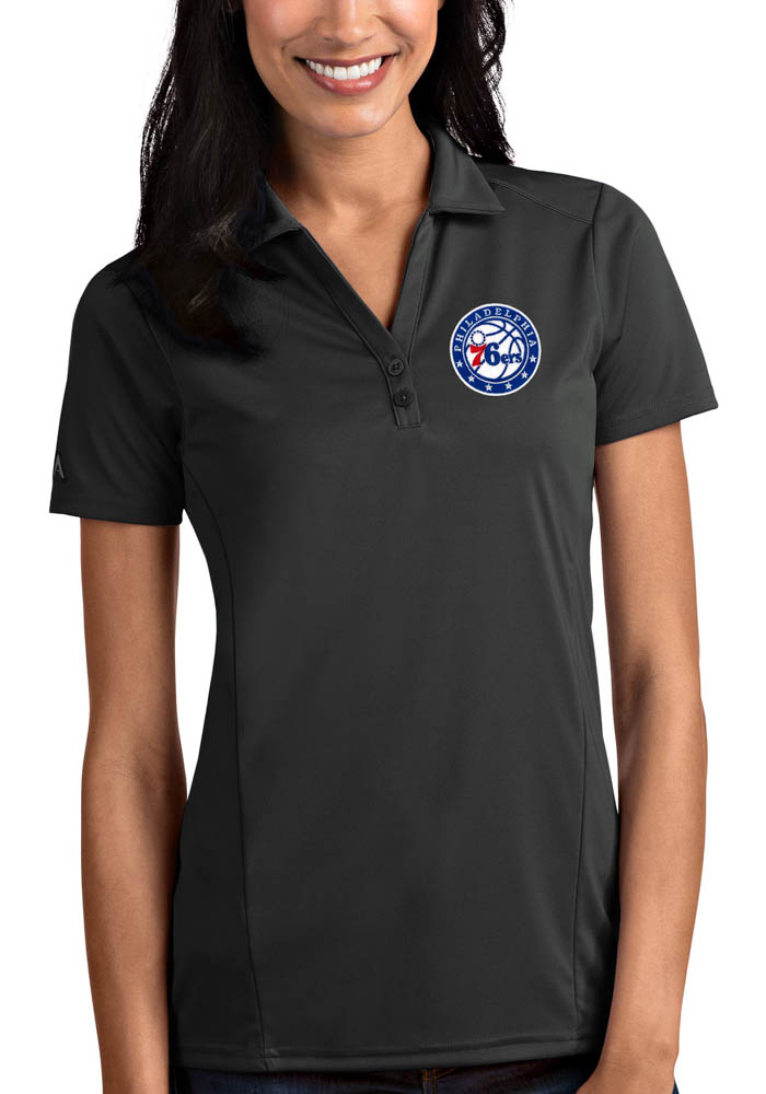 Antigua Philadelphia 76ers Womens Grey Tribute Short Sleeve Polo Shirt, Grey, 100% POLYESTER, Size M