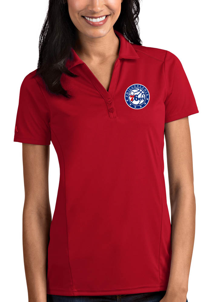 Antigua Philadelphia 76ers Womens Red Tribute Short Sleeve Polo Shirt, Red, 100% POLYESTER, Size S