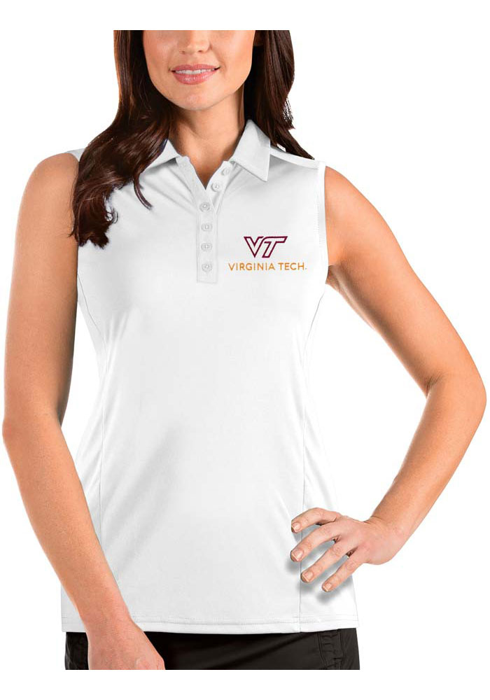 Antigua Virginia Tech Hokies Womens White Tribute Sleeveless Polo Shirt, White, 100% POLYESTER, Size M