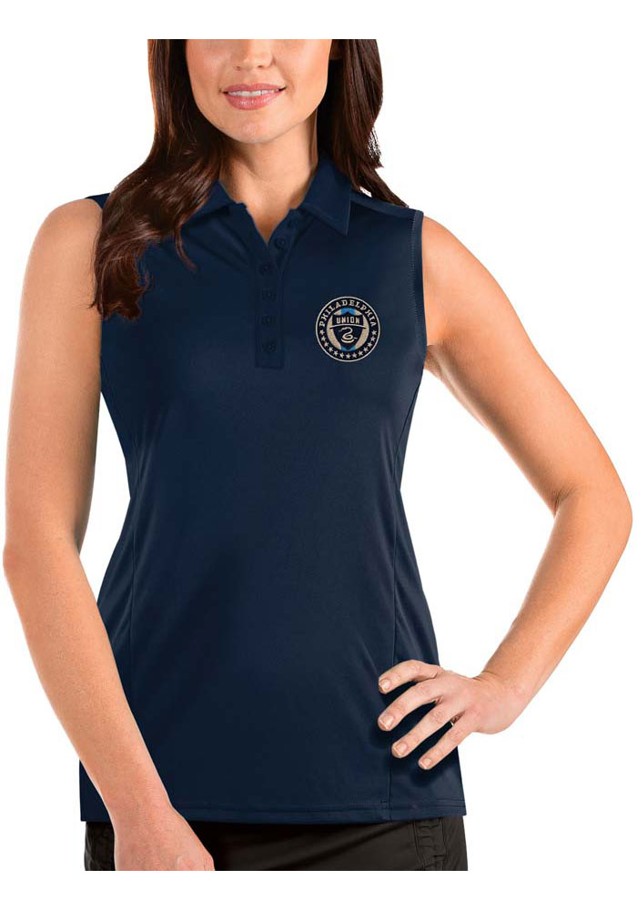 Antigua Philadelphia Union Womens Navy Blue Tribute Sleeveless Polo Shirt, Navy Blue, 100% POLYESTER, Size 2XL