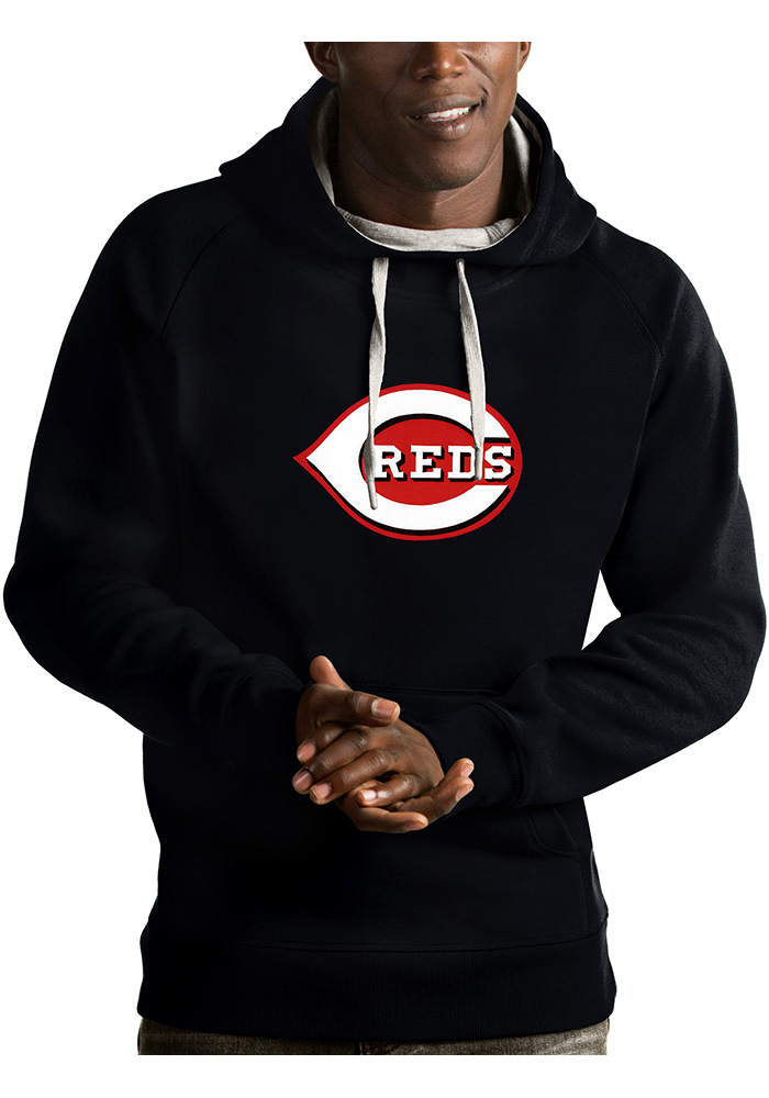 Antigua Cincinnati Reds Mens Black Victory Long Sleeve Hoodie, Black, 65% COTTON/35% POLYESTER, Size XL
