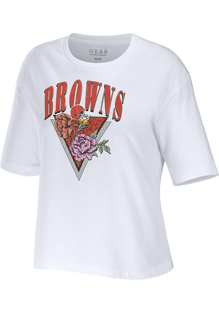 WEAR by Erin Andrews Cleveland Browns Womens White Floral Short Sleeve T-Shirt, White, 100% COTTON, Size XS