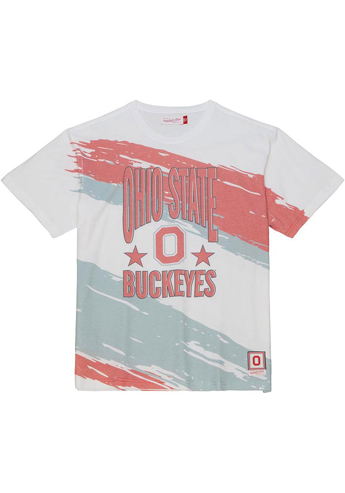 Mitchell and Ness Ohio State Buckeyes White Paintbrush Short Sleeve Fashion T Shirt, White, 60% COTTON / 40% POLYESTER, Size XL