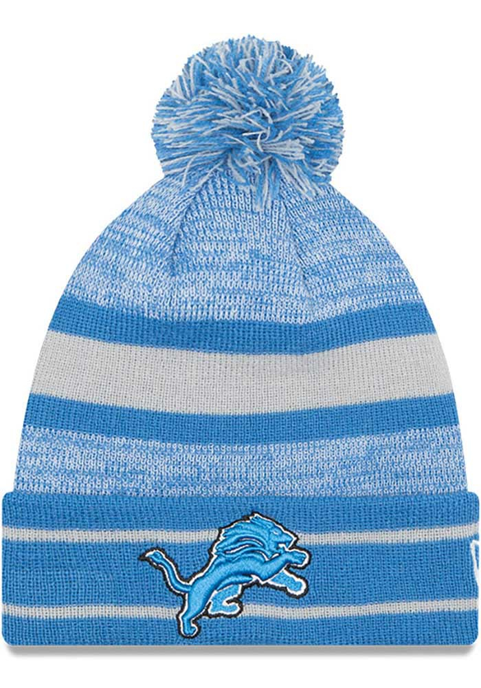 New Era Detroit Lions Blue Cuff Pom Mens Knit Hat, Blue, Acrylic, Size OSFM